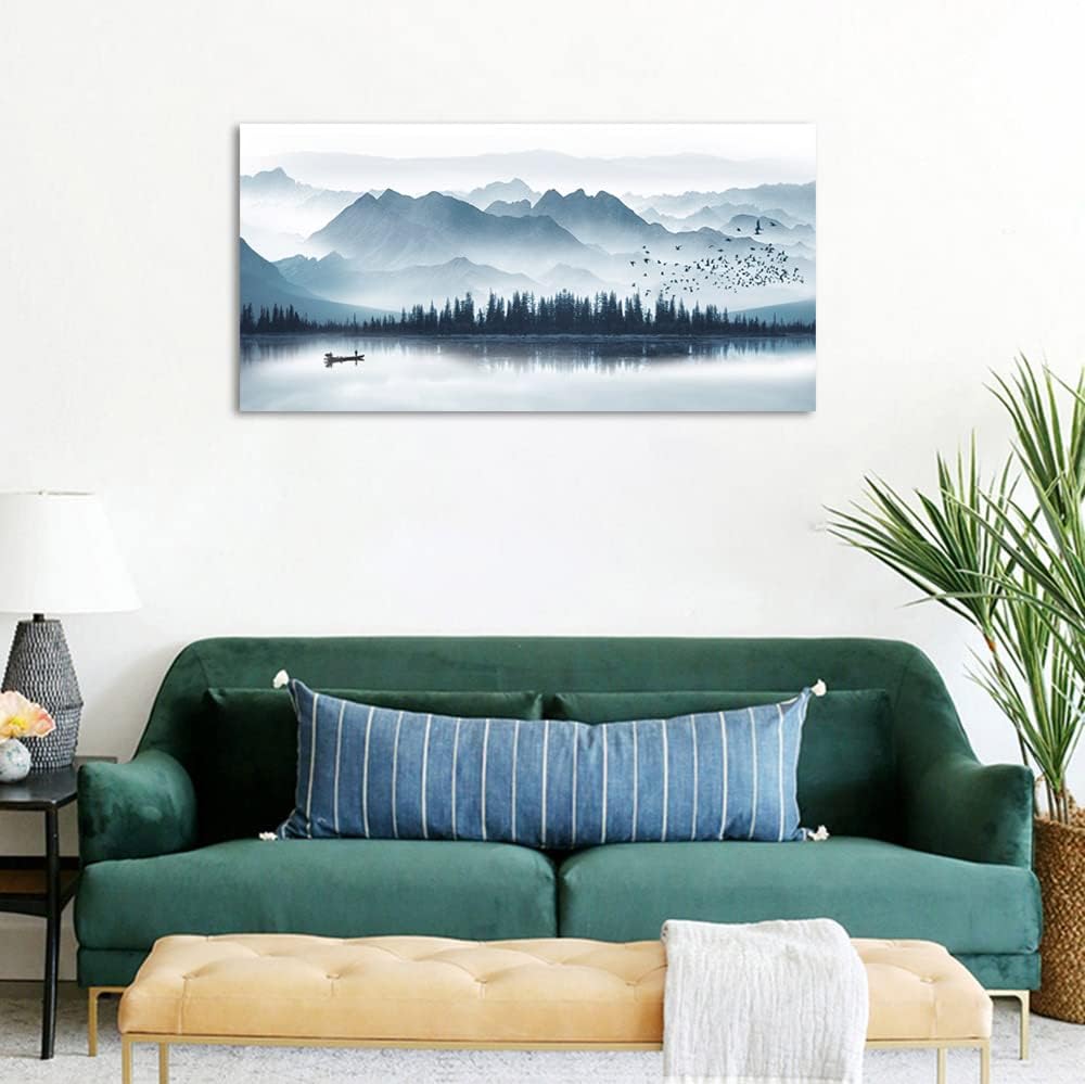 Indigo Canvas Wall Art Misty Mountain Wall Pictures Foggy Lake Boat Painting Print Blue Forest Birds Artwork Wall