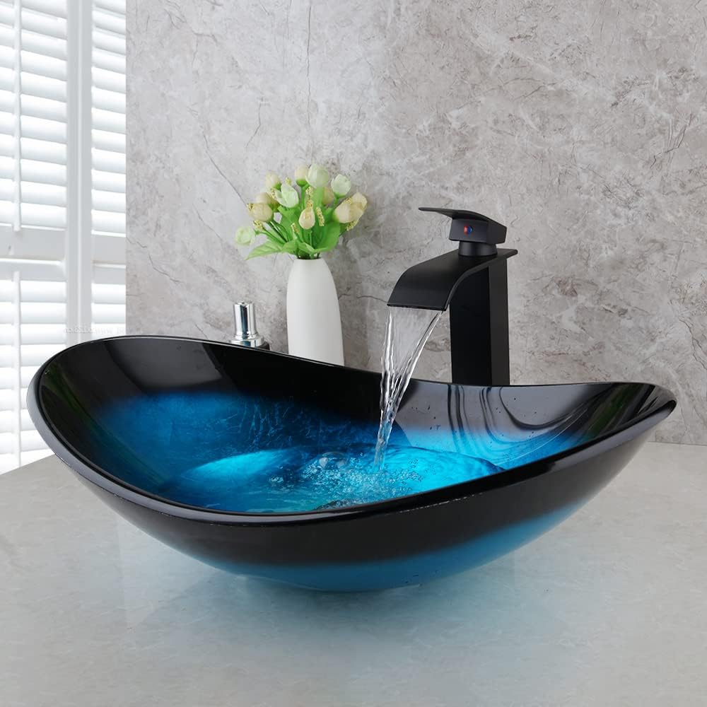 Blue Vessel Sink Oval Glass Vessel Sink with Waterfall Faucet and Pop-Up Drain Boat Shape Bathroom Sink Above