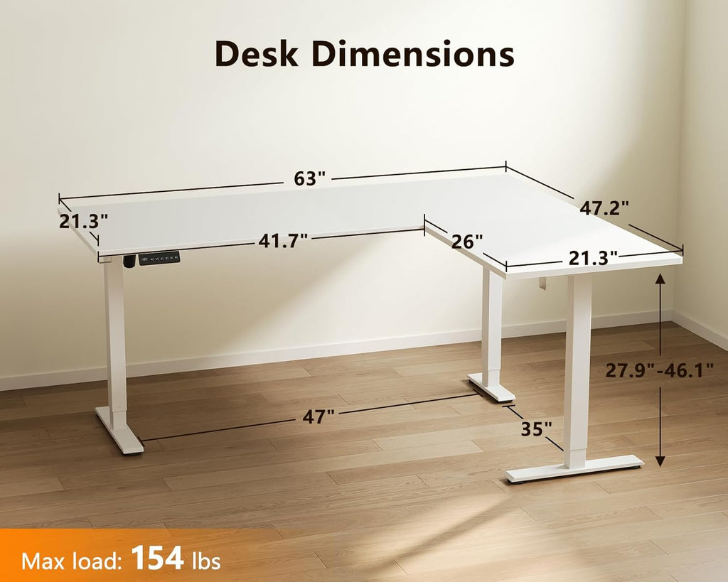 63 Inch Electric L-Shaped Standing Desk, Reversible Corner Desk with Height Adjustment, Large Ergonomic Workstation