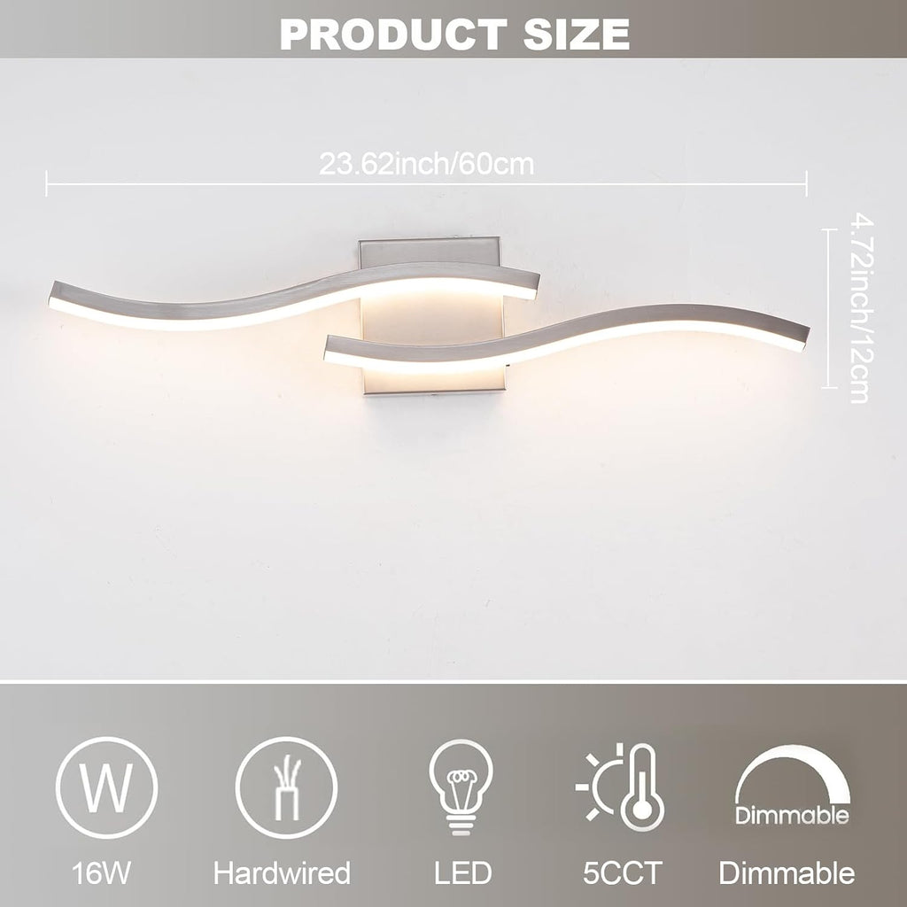 23.62 inch Brushed Nickel LED Vanity Light, 5CCT Dimmable Bathroom Light Fixture Over Mirror, Modern Curved Wall Lamp