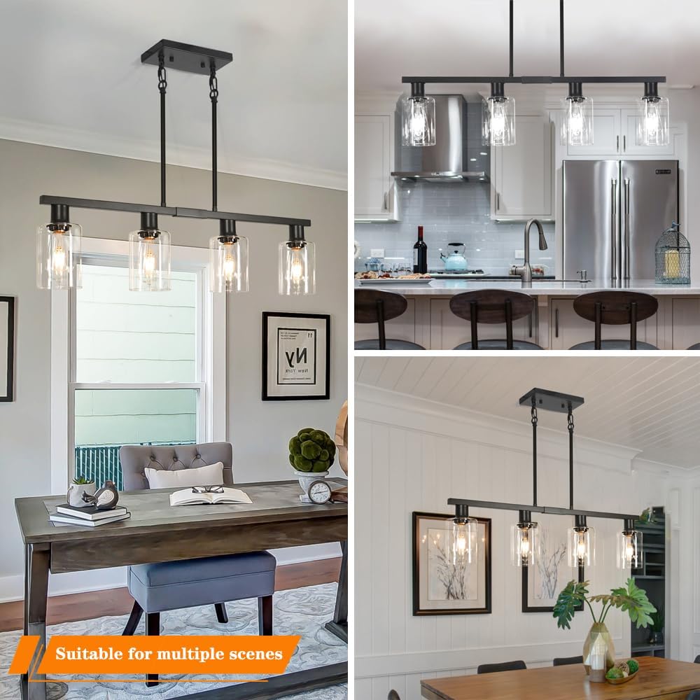 4-Light Kitchen Island Lighting, Black Simplicity Bar Island Lights for Kitchen, Farmhouse Chandelier with Adjustable