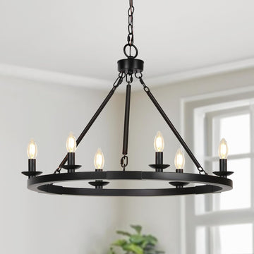 Inspired Camino Style Chandelier - Black Farmhouse Chandelier, 6-Light Wagon Wheel Chandelier with Adjustable Height, Dining Room Light Fixture, Hanging Lights for Kitchen Island, Living Room, Bedroom, Entryway, E12 Base