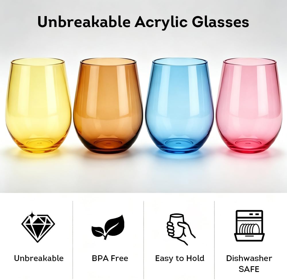 Set of 8 Shatter-Resistant Acrylic Stemless Wine Glasses - 14 oz for Poolside, Parties, Patio & Outdoor Indoor Use