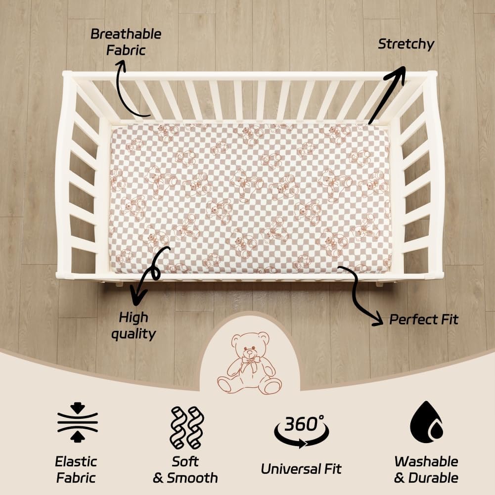 Fitted Baby Neutral Crib Sheets Bear and Buffalo Check Plaid Breathable Unisex Baby Standard Crib Sheet Set for Boys