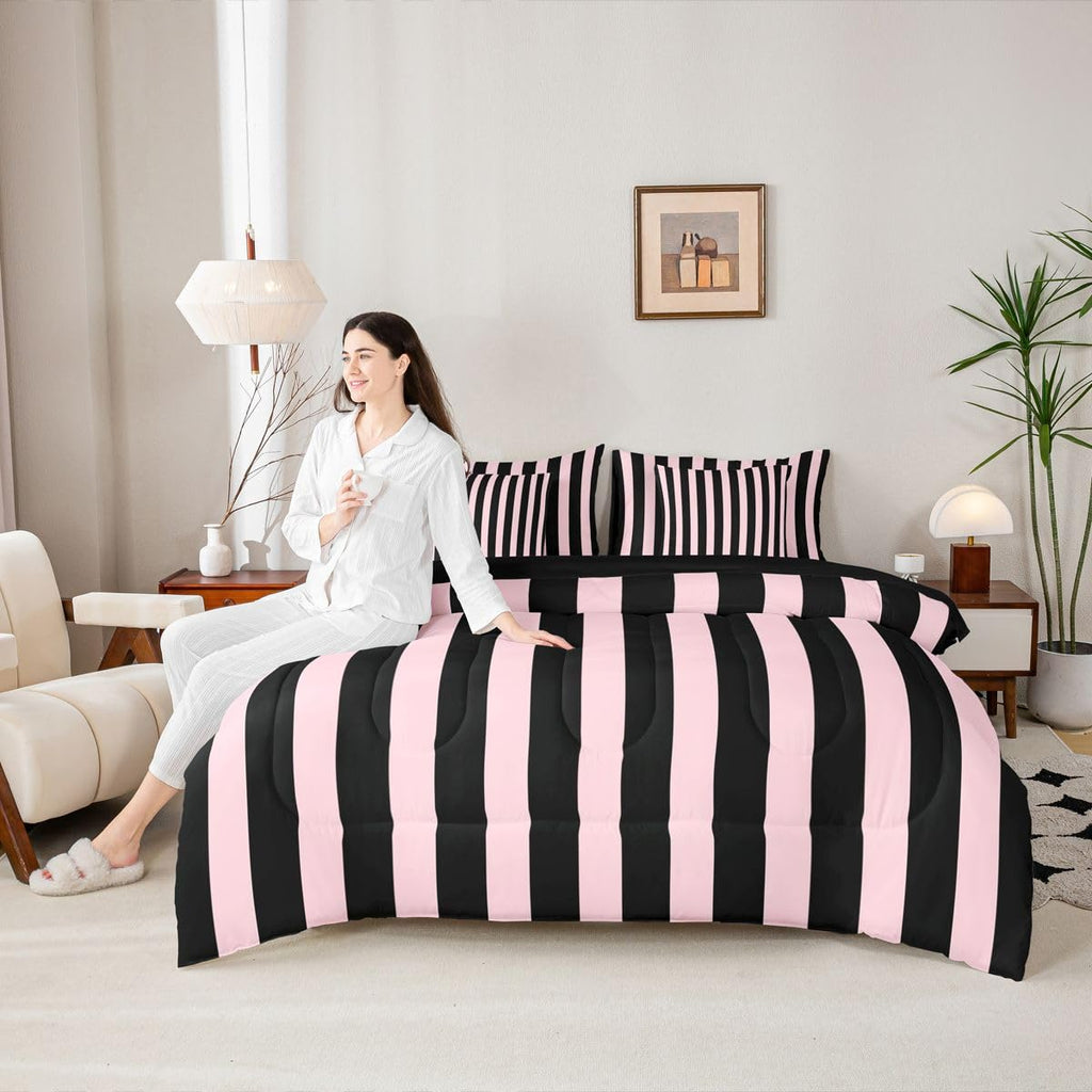Pink and Black Striped Bedding Set Stripes Comforter Set
