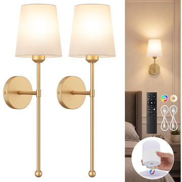 Battery Operated Wall Sconces, Gold, 2 Pack with Magnetic Bulbs,RF Remote