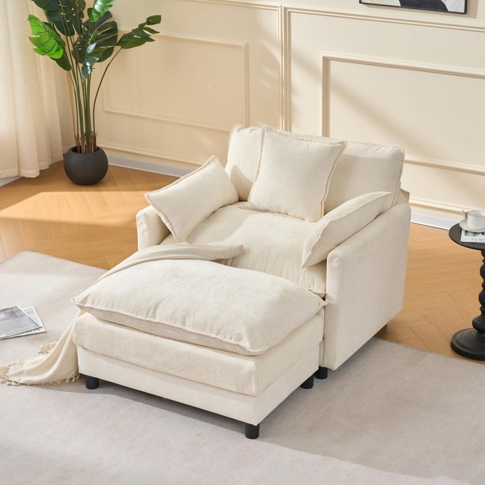Luxe Oversized Lounge Chair and Ottoman — Beige Chenille