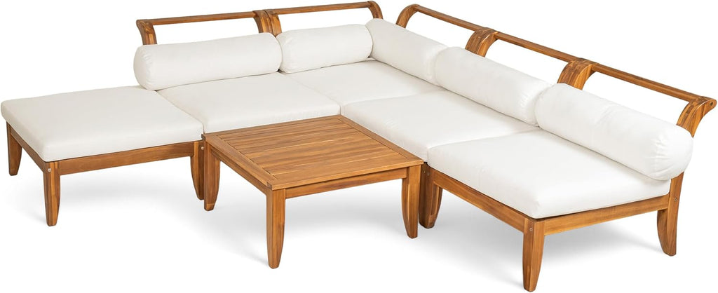 6 Piece Patio Sofa Set, Acacia Wood Outdoor Modular Sectional Garden Furniture Set, L-Shaped Conversation Set