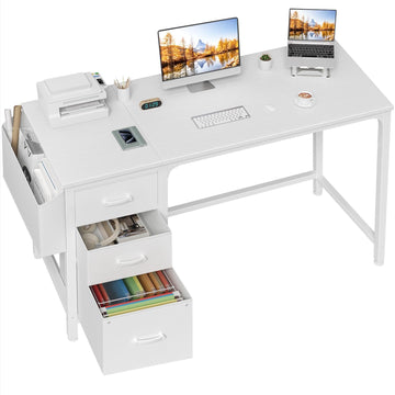 White Computer Desk with Fabric File Drawers Cabinet, 55 Inch Reversible Desks with Storage Filing Cabinet, Modern