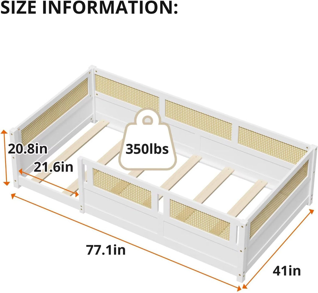 Twin Size Floor Bed with PE Rattan High Fence, Wood Montessori Bed Frame with Slats for Children Girls Boys, White