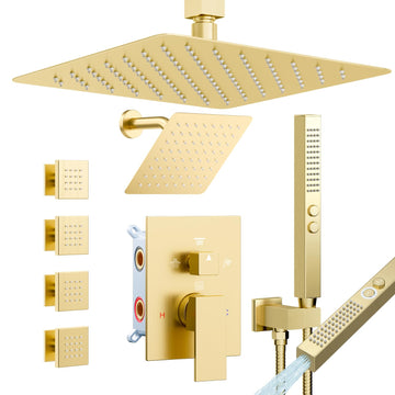 Shower System with 4 Body Spray Jets, 4 Way 12 + 6"Rainfall Shower Head with Handheld Combo, Ceiling Mounted Shower