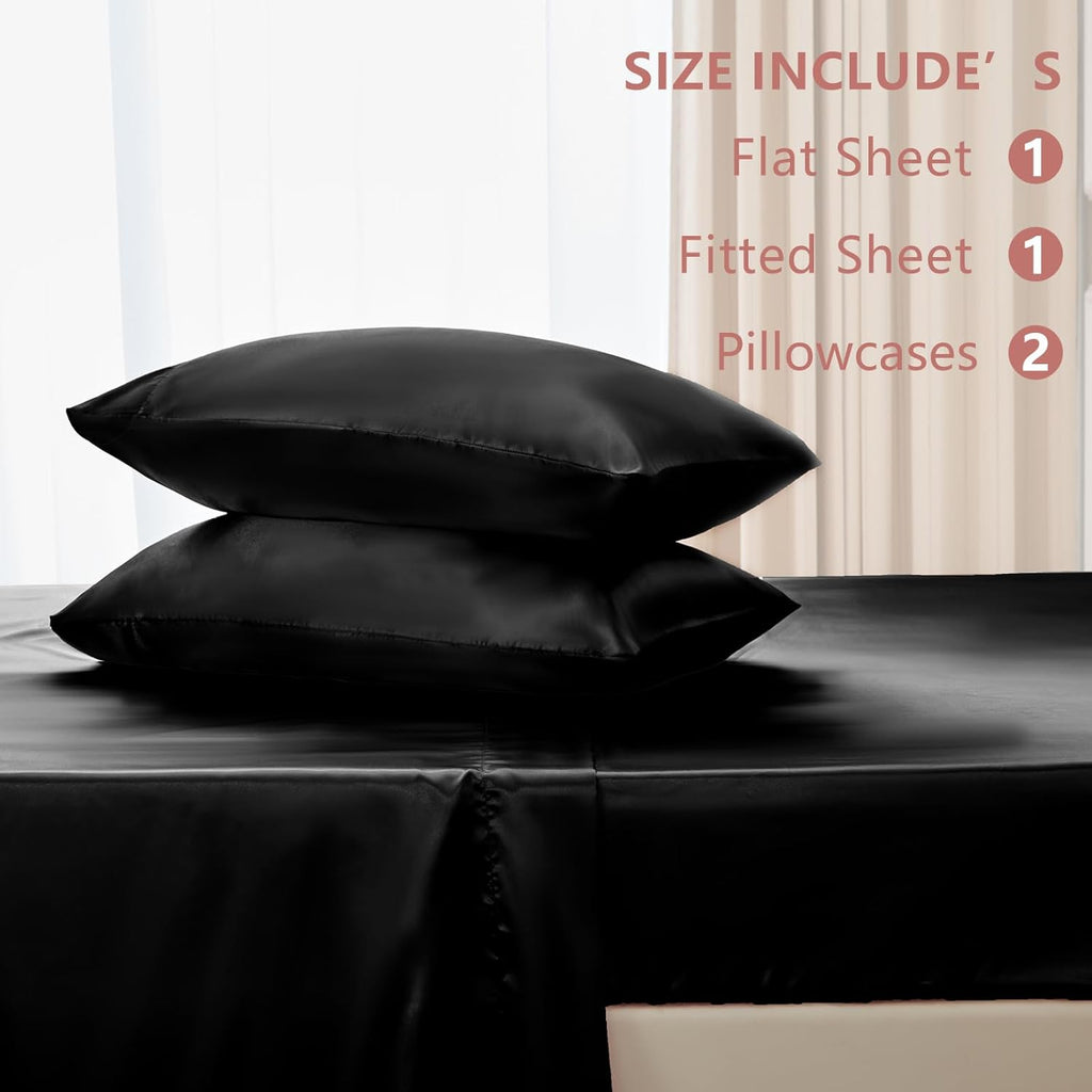 Satin Sheets Bed Set - Silky Soft Bedding Similar to Silk, 4 Piece Sheet Set for Hair and Skin, Deep Pocket