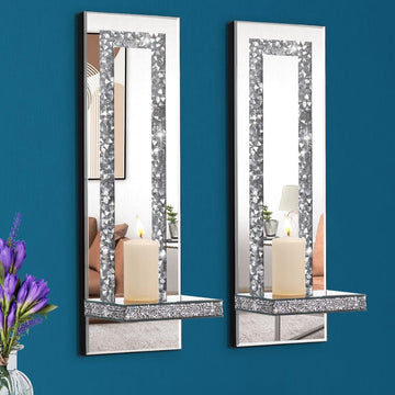 Crystal Crush Diamond Mirrored Candle Sconces, Silver Wall Candle Holder Set of 2, Wall Decorations (Rectangle Stripe