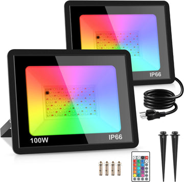 2 Pack 100W RGB LED Flood Lights, 12000LM Color Changing Smart Floodlight with Remote, Waterproof DIY Uplights for