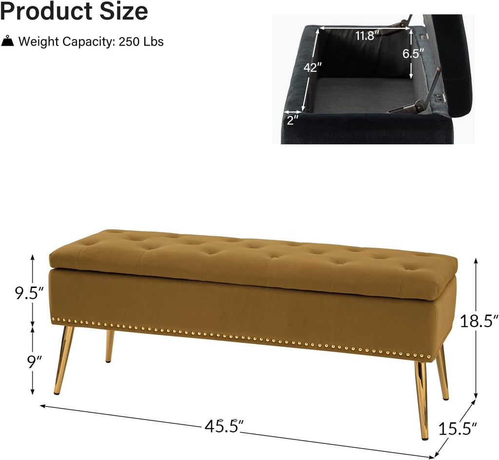 45.5" Luxury Velvet Storage Ottoman Bench with Button Tufted & Nailhead Trim, Upholstered Entryway Benches with Gold