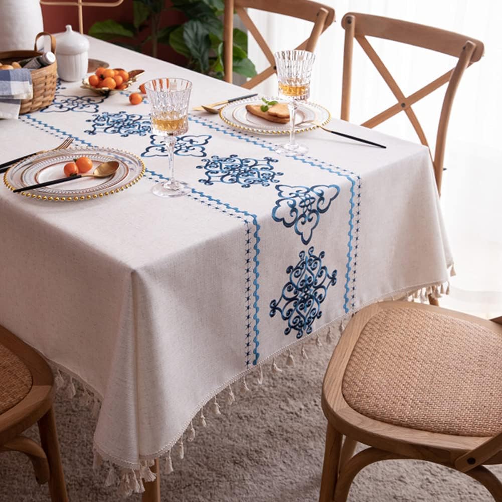 Table Cloth Embroidery Damask Pattern Wrinkle Free Heavy Weight Cotton Linen Farmhouse Tablecloth De