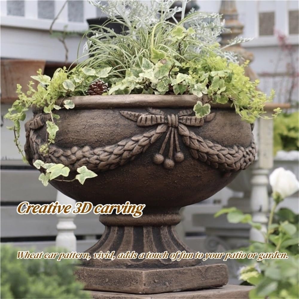 Vintage Magnesium Oxide Flower Pots, Large Urn Planter with Wide Pot | Freestanding Pedestal Planter, Fluted Planter