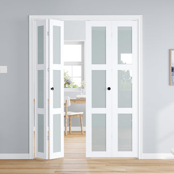 Bifold Doors for 60"×80-3/4" Opening, White Frosted Glass Folding Barn Door, Sliding Interior Wood Panel Closet