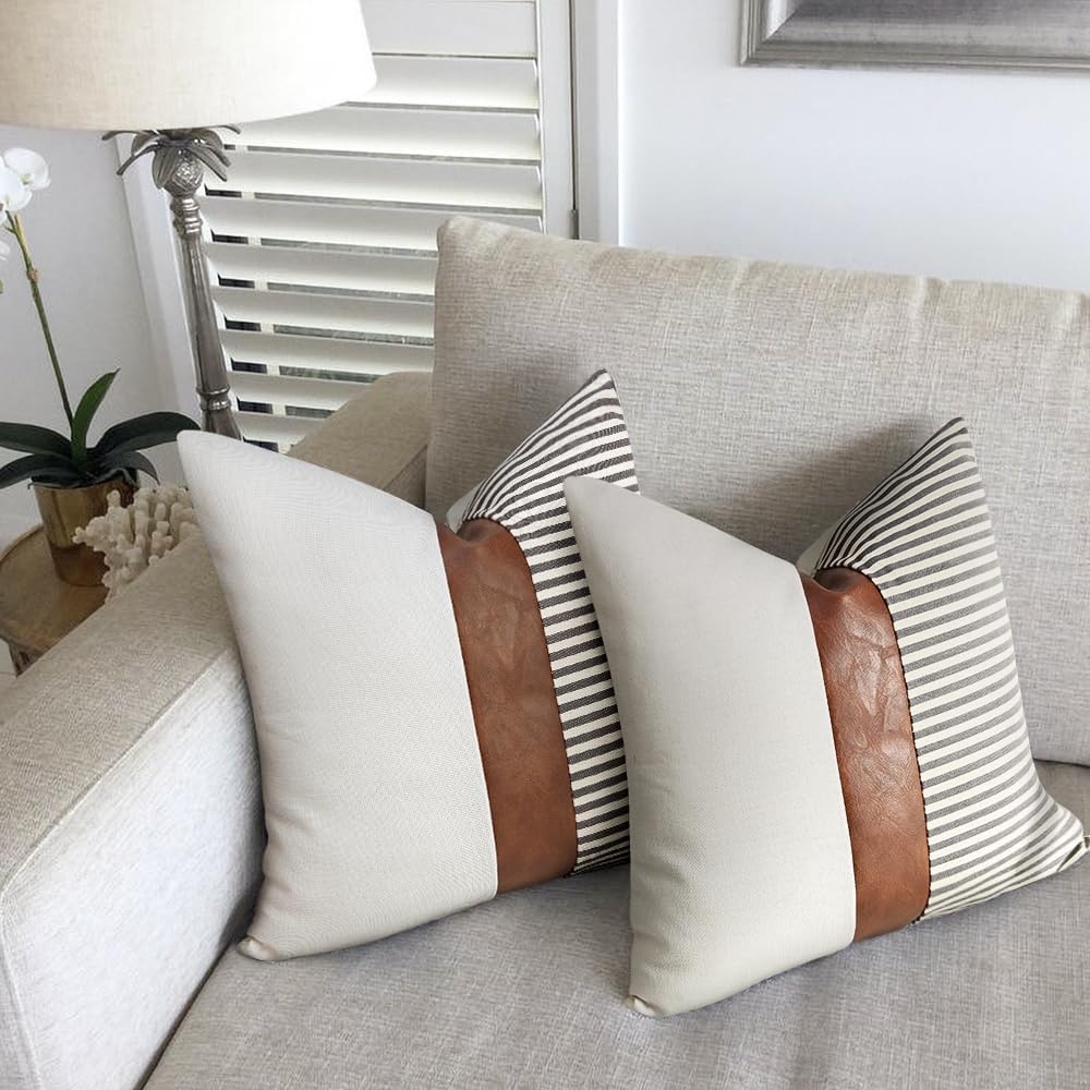 20x20 Pillow Covers Set of 2 Farmhouse Decor Stripe Patchwork Linen Throw Pillow Covers Modern Faux Leather Covers, Gray