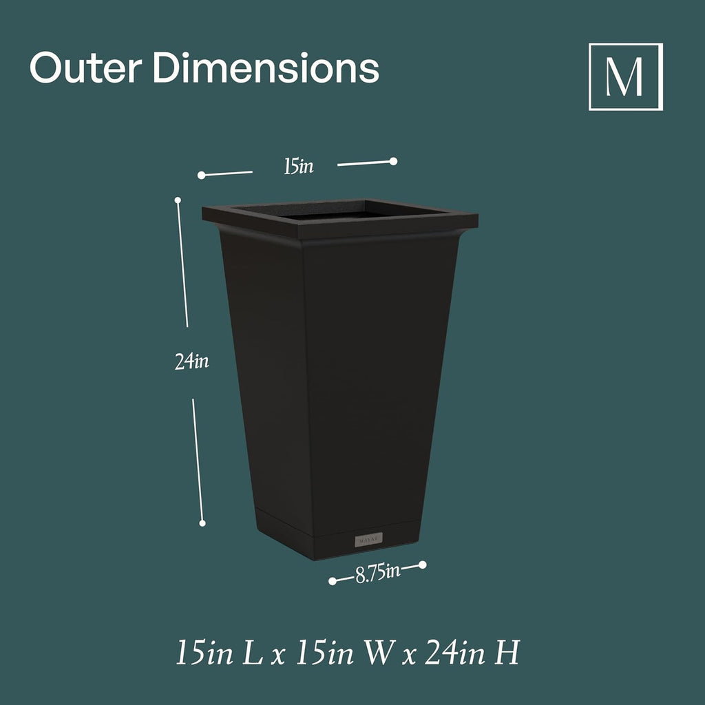 Renew 24in Modern Tall Square Planter, Black, 2-Pack | All season, Lightweight, Fade resistant, Planting shelf, Drip