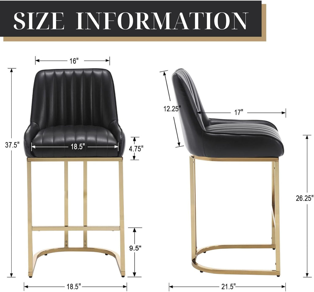 Black Leather Bar Stools Set of 4 Modern Counter Stools with Gold Legs 26 Inch Counter Height Bar Stools Upholstered