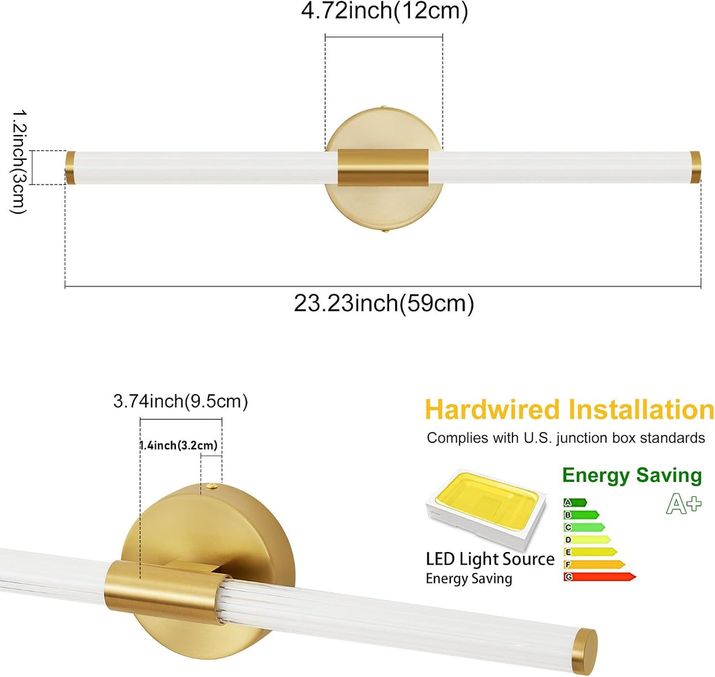 Gold Wall Sconces Set of Two Hardwired LED Vanity Light 23" | Dimmable 5CCT LED Bathroom Light Fixtures, 360° Full