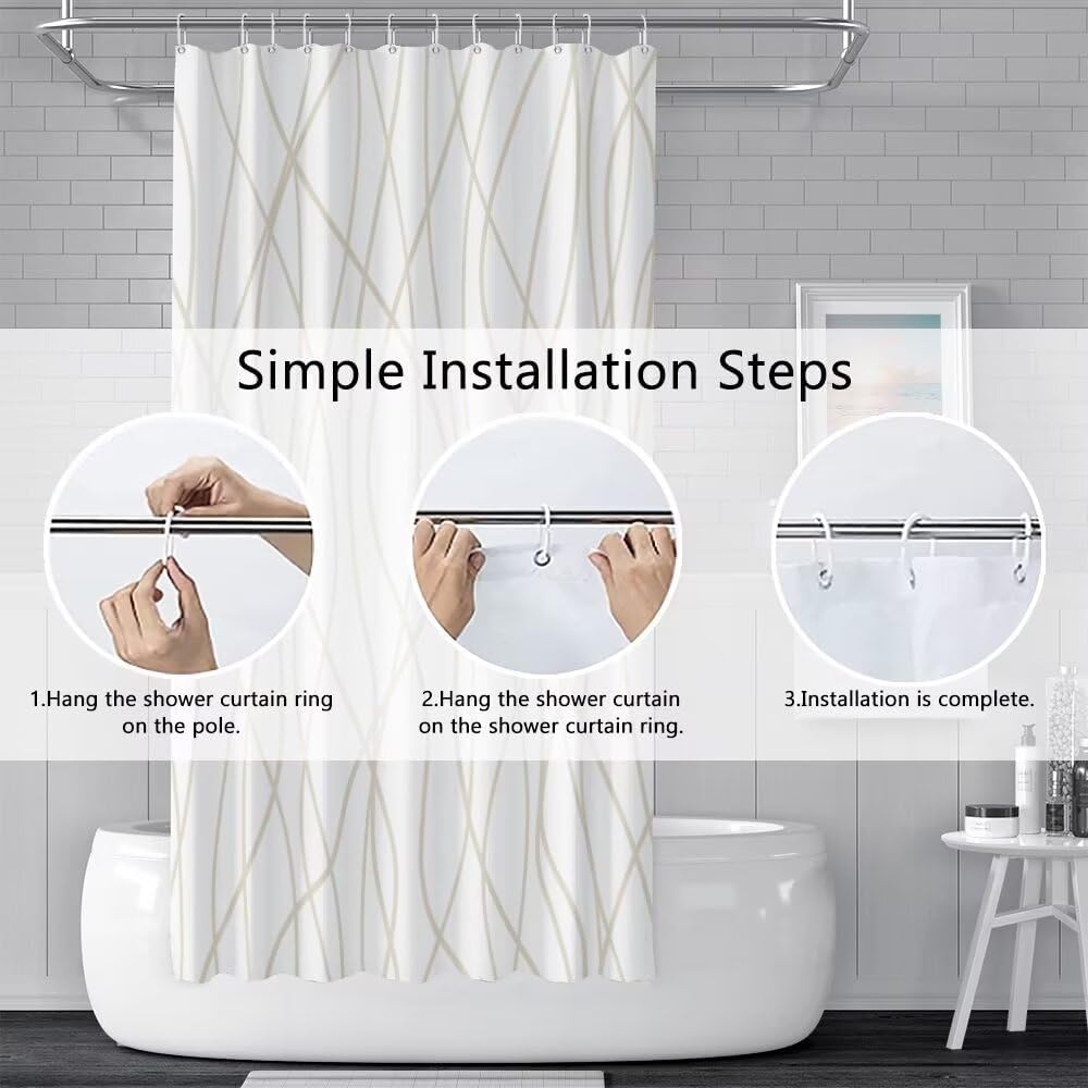 Beige Khaki Striped Long Shower Curtain 72"x78" | Modern Geometric Lines, Room Divider, Waterproof Machine Washable