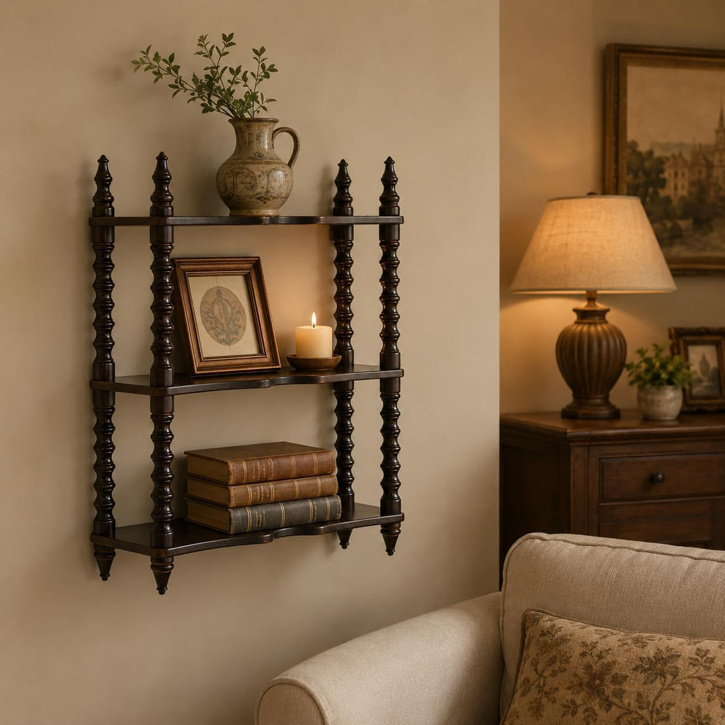 Solid Wood Wall Mounted Shelf, Vintage 3-Tier Carved Wooden Display Rack, Rustic Decorative Storage Shelf with Turned