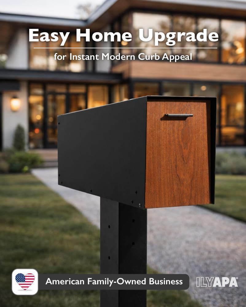 Modern Mailbox Post Mount - Large Mailbox - Black Metal Mail Box - Powder Coated Steel - All Weather Resistant