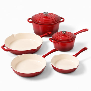 Nonstick Enameled Cast Iron Cookware Set, 5-Piece Pots and Pans Set with Lids, Skillet, Frying Pan, Saucepan & Dutch