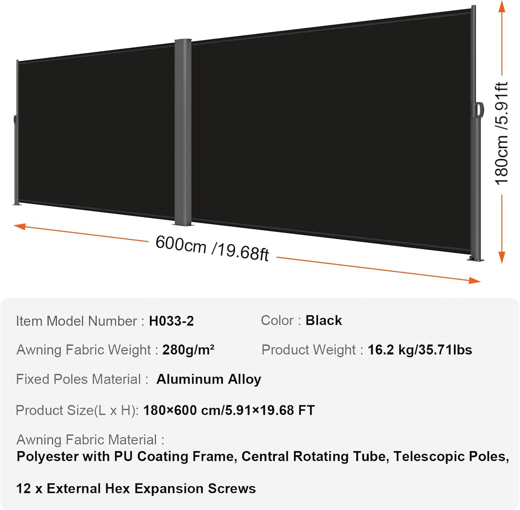 Retractable Side Awning, UV 50 71''x 236'' Full Aluminum Rust-Proof Patio Sunshine Screen, 280 g Thicken Privacy