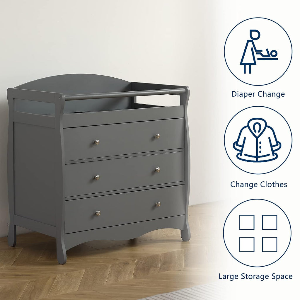 Changing Table Dresser Baby Diaper Changing Station Infant Nursing Table with 3 Drawers, Safety Rail & Strap , Gray |