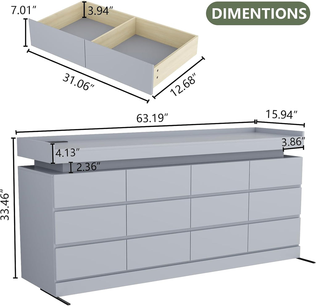 12 Drawer Dresser with Power Outlet, Modern Dresser with LED Light | Chest of Drawers for Closet, Double Wide Drawer