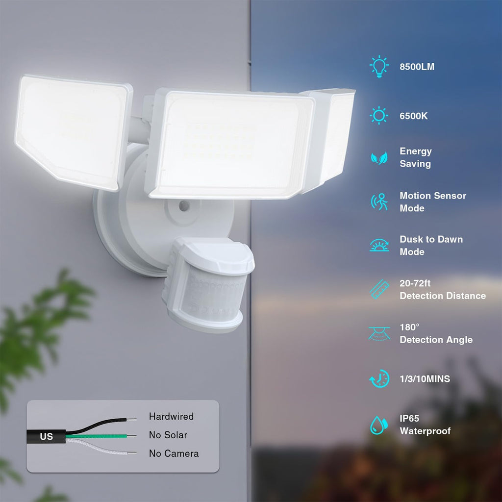 85W LED Security Lights Motion Sensor Light Outdoor, 8500LM Dusk to Dawn, IP65 Waterproof, 6500K, 3 Head Motion