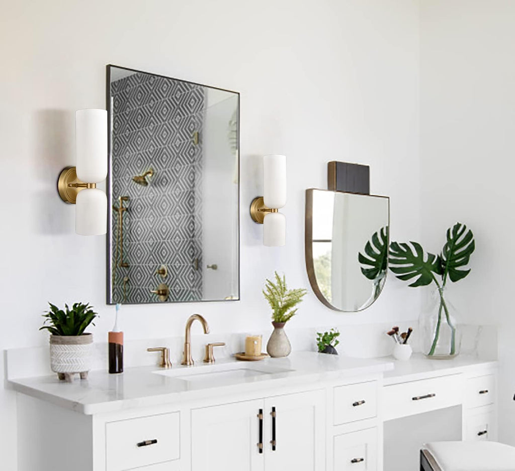 Gold Wall Sconces Set of Two 2-Light Modern Wall Light | 3.93"(W)*14.2"(H), E12 Dimmable, Slim Milky White Glass