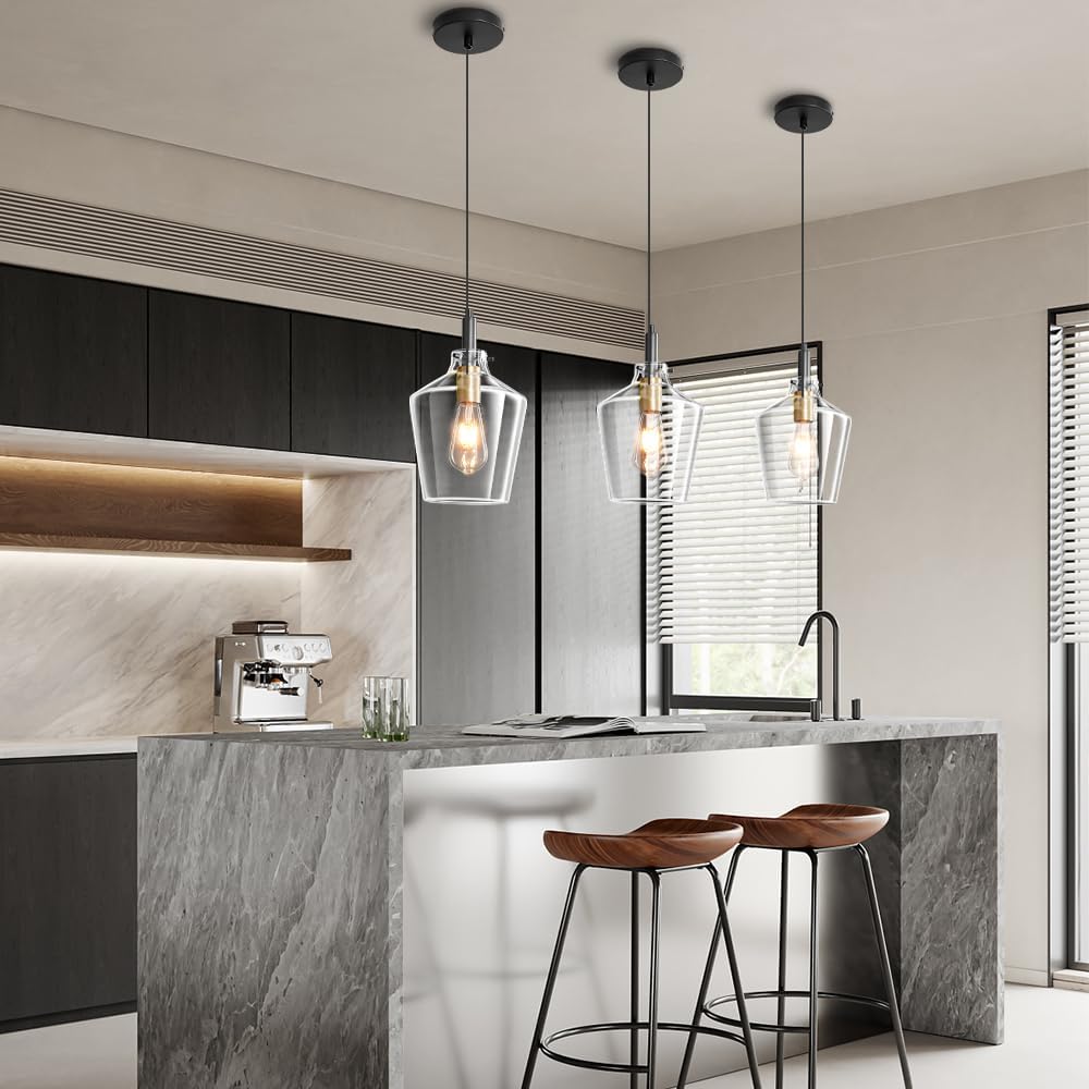 Modern Glass Pendant Lighting for Kitchen Island, Farmhouse Black and Gold Pendant Light Fixtures 1 Pack, Adjustable