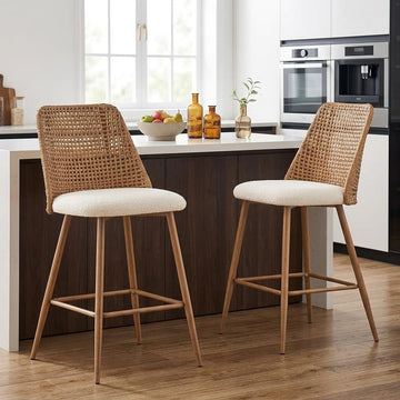 Rattan Bar Stools Set of 2, Modern Upholstered Counter Height Bar Stools with PE Rattan Back, 26" H Seat Height Bar