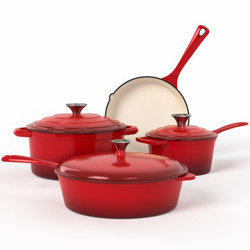 7Pcs Red Enameled Cast Iron Cookware Sets, Heavy Duty