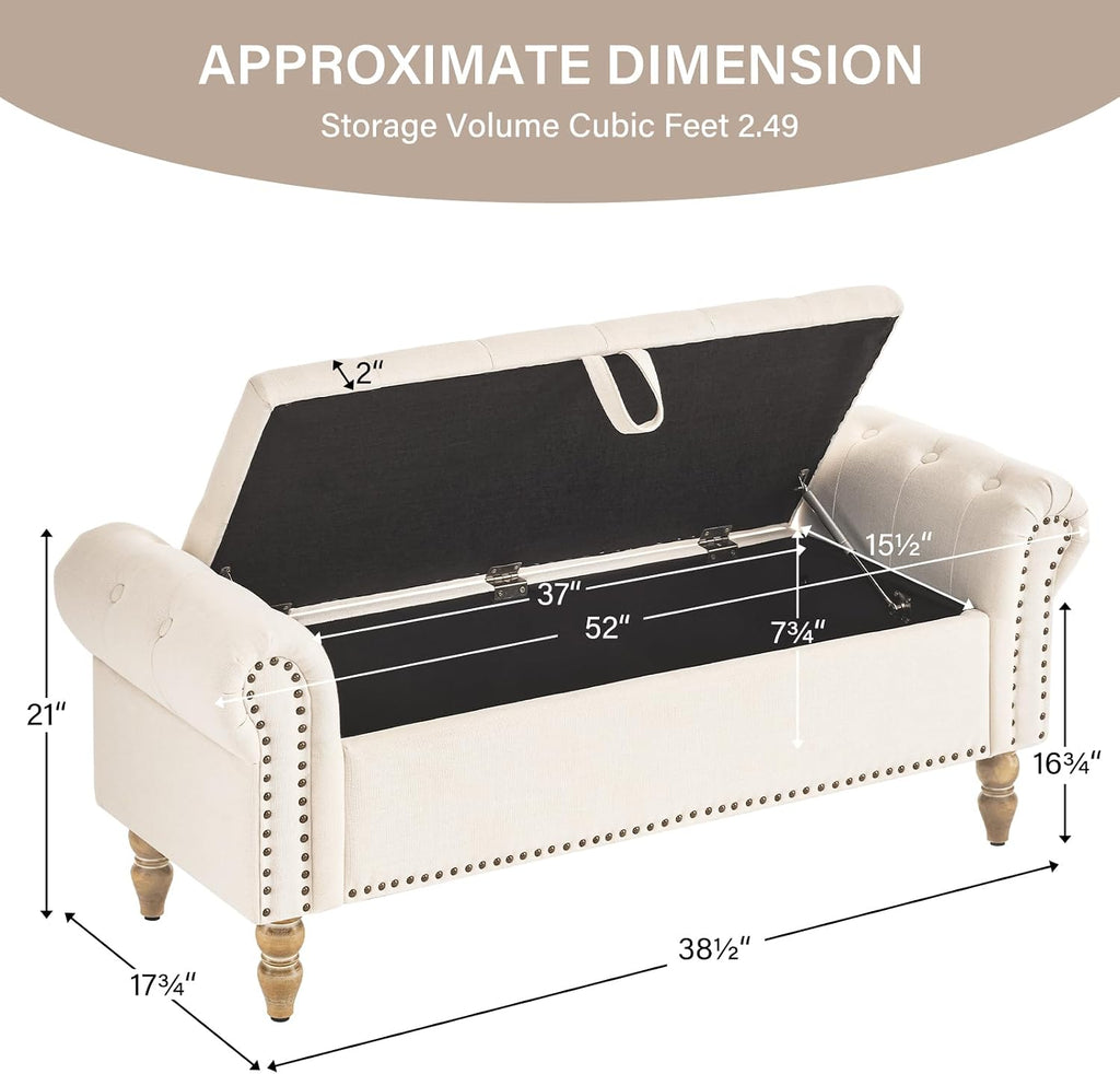 Storage Bedroom Bench for End of Bed, Faux Linen Upholstered Storage Ottoman with Rolled Arms , 2.5Cubic Feet