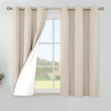 Oatmeal Linen 100% Blackout Curtains 48 Inch Length, Short Thermal Insulated Drapes with Grommet Privacy Protection