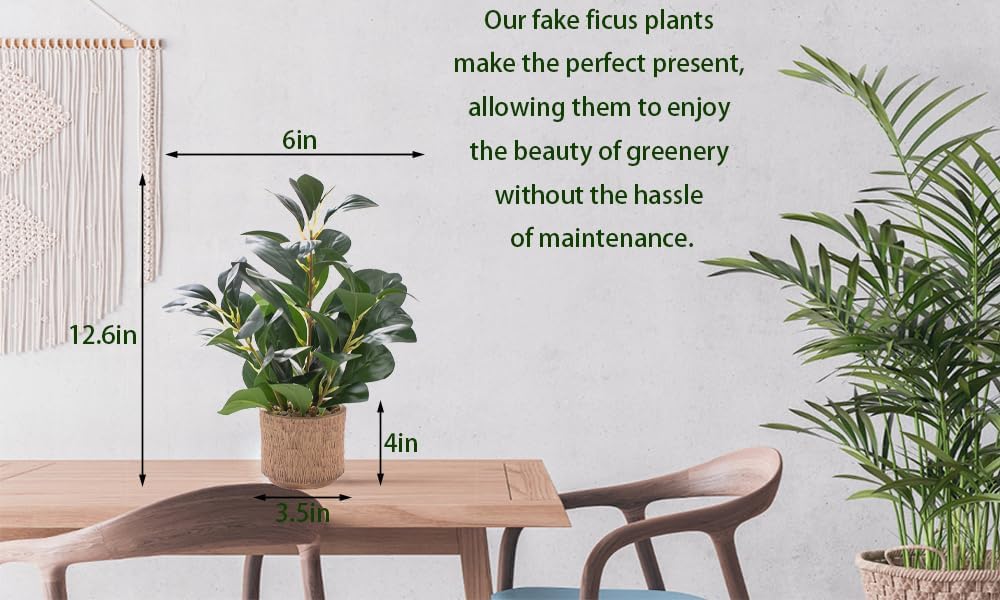 12.6" Fake Plants in Brown Ceramic Vase Realistic Ficus Leaf Faux Plant for Desk Book Shelf Bathroom Office Kitchen
