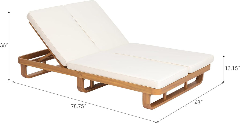 Double Acacia Wood Chaise Lounge with Dual Adjustable Backrests, Patio Outdoor Chaise Lounge with Cushions, Wooden
