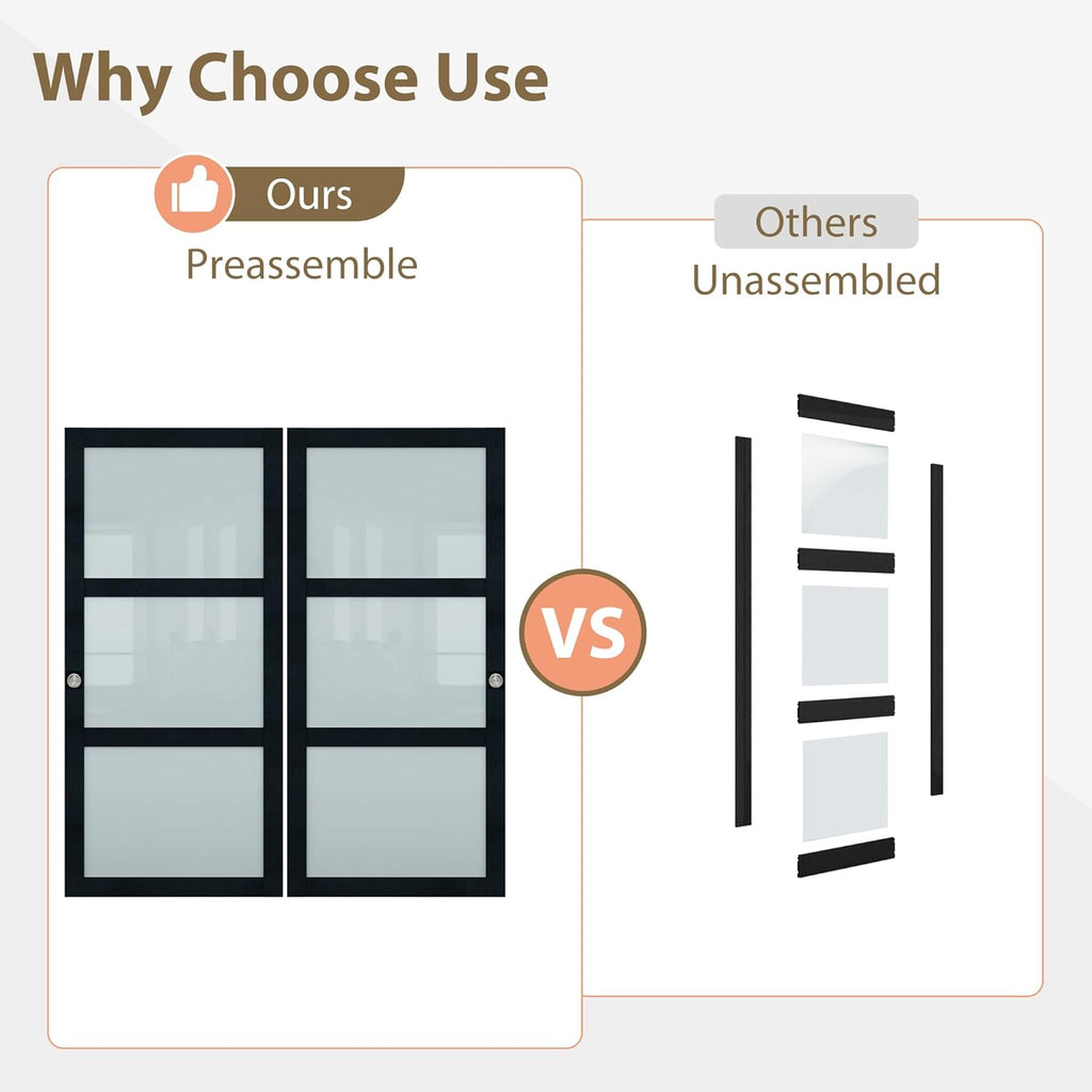 72x80 Sliding Closet Door, 3-Panels Preassembled Frosted Glass Door Panel with Hardware Kits & Match