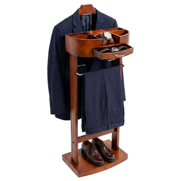 Wood Suit Valet Stand for Men, Floor Standing suit rack with Tray Drawer Practical Compartment Brown Rack Organizer