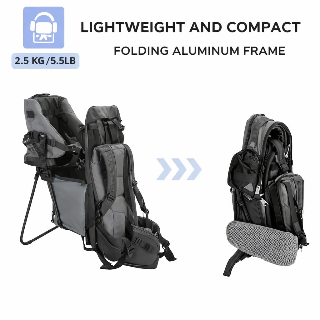 Carrier Backpack with Foldable Frame, Toddler Hiking Backpack with Adjustable Comfort Seat, Sun & Rain Canopy