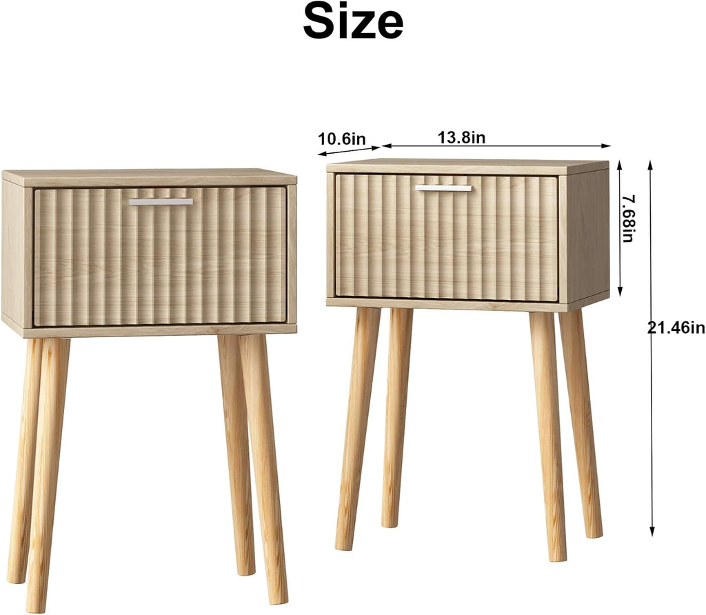 Nightstands Set of 2, Small Side Table, Bedside Table with Fluted Door, Solid Wood Feet; Modern Mid-Century End Table