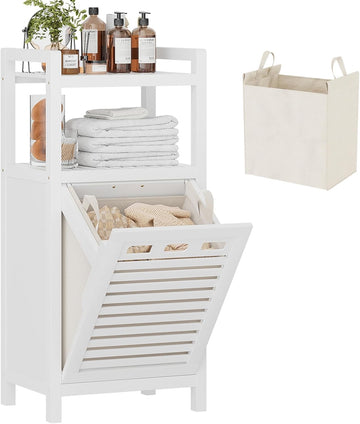 Tilt Out Laundry Hamper, 10 Gal Bamboo Laundry Storage Cabinet with Removable Basket, Hidden Hamper Organizer with