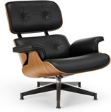 Mid-Century Modern Lounge Chair & Ottoman — Black PU Leather, Walnut Base, Standard