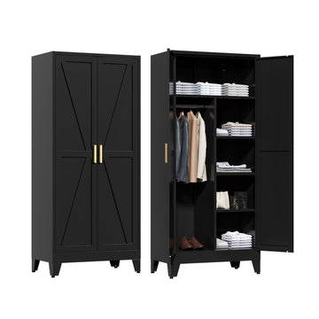 71" Tall Metal Wardrobe Closet with Adjustable Shelves and Hanging Rod, 2 Doors Office Storage Locker Cabinet