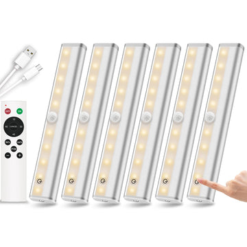Remote Control Under Cabinet Lighting Wireless 6 Pack, 20-LED Dimmable Closet Lights Rechargeable Under Counter